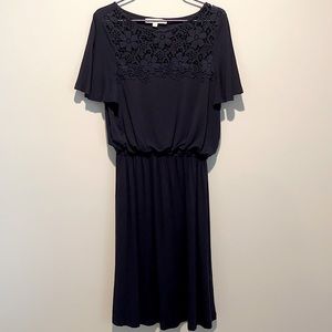 LOFT Fit & Flare Navy Blue Dress w Eyelet Neckline